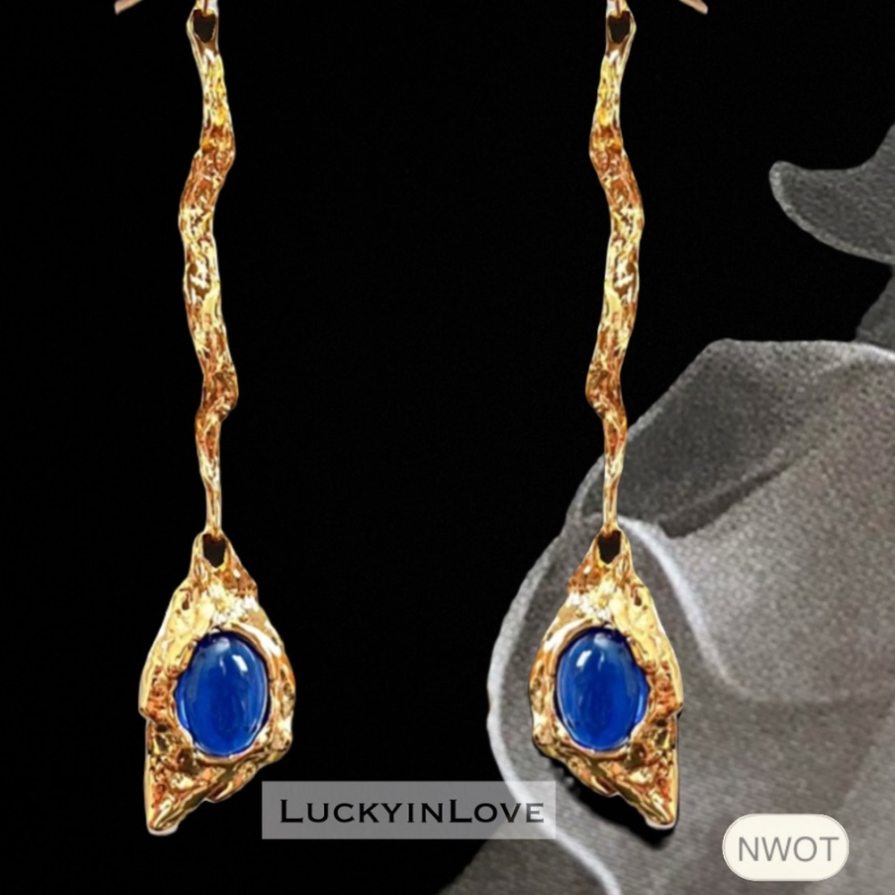ALEXIS BITTAR •  Blue Stone Brut Crumpled Long Elegant Drop Earrings